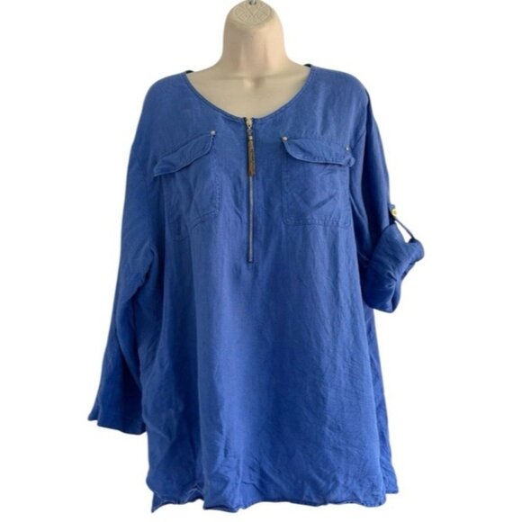 Ellen Tracy Women's Sz XL Blue Linen Half Zip Tunic Top Roll Sleeve Gold Zipper - Picture 1 of 7